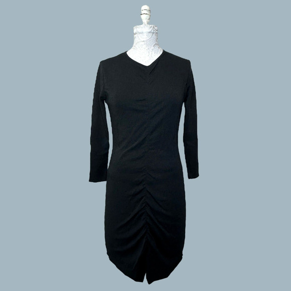 Re/Done Long Sleeve V-Neck Ruched Slit Dress Black Women's Small NWOT Tee Shirt - Picture 1 of 9